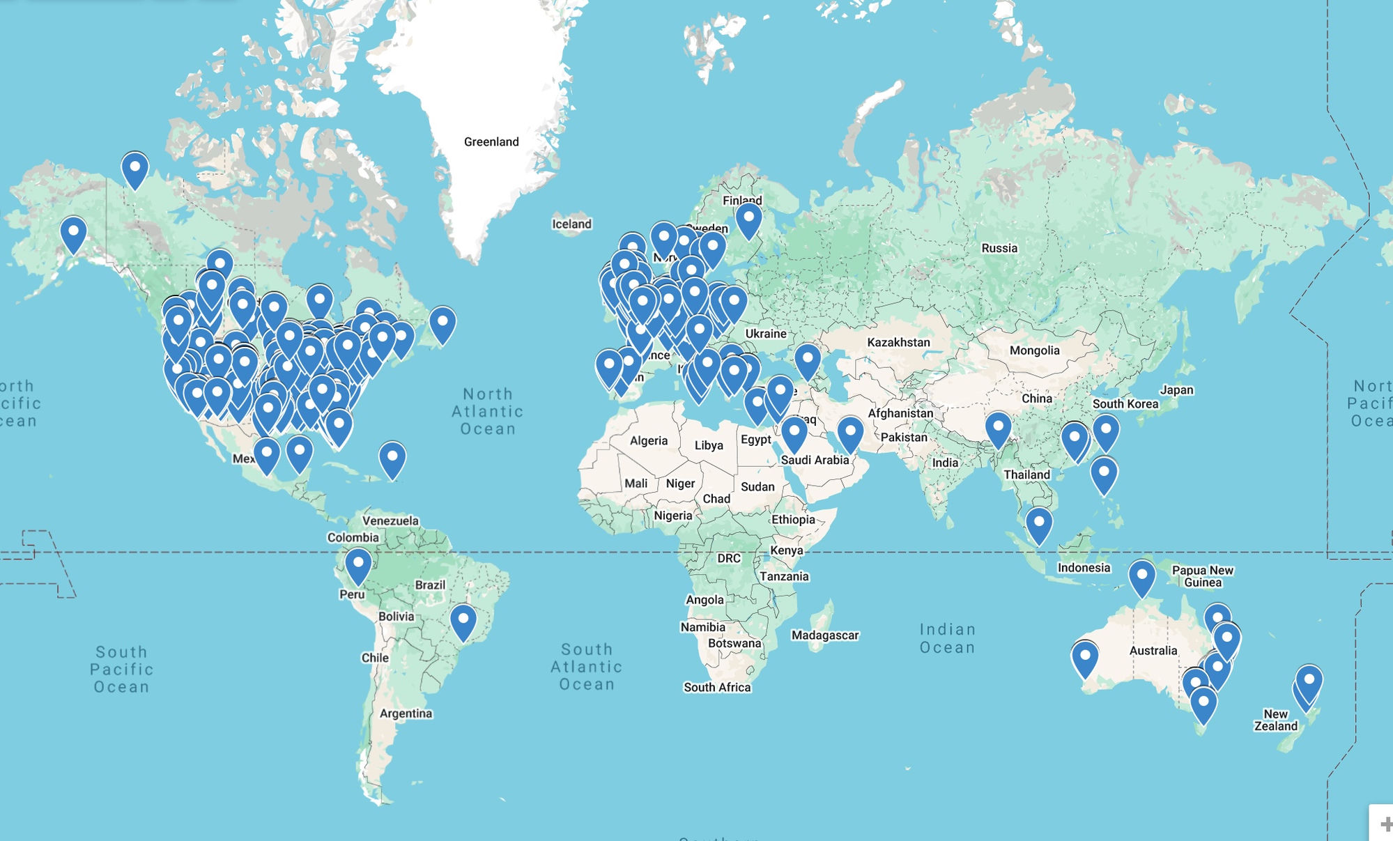 World map showing Vylümi shipping destinations across North America, South America, Europe, the Middle East, Asia, and Oceania